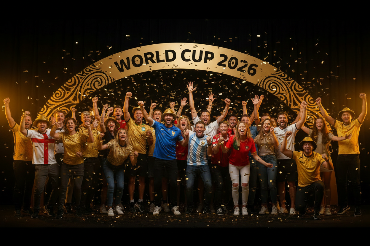 2026 FIFA World Cup football fans celebrating in national team colours - official merchandise at Matchday Insider